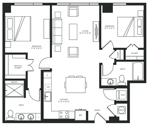 Floor plan for 2 beds, 2 baths, 1095 sqft